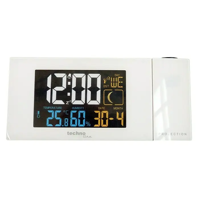 Technoline Funkwecker WT 537 - LC-Display, Netzbetrieben, Weiß, 16,5 x 5,6 x 7,5 cm - Ein digitaler Projektionswecker von Techno Line mit Anzeige von Uhrzeit, Temperatur, Luftfeuchtigkeit und Datum.