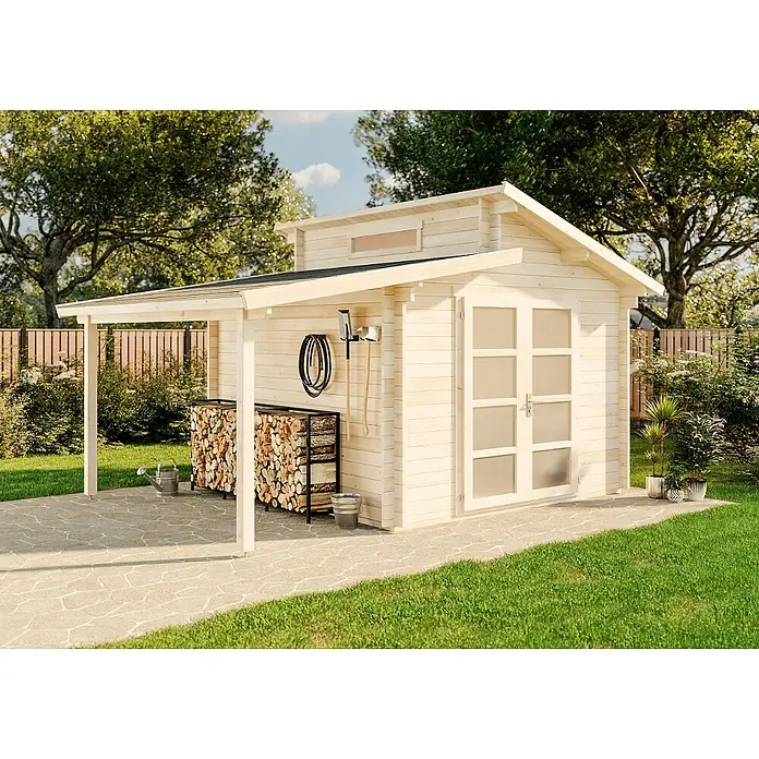 Alpholz Gartenhaus Aktiva - Außenmaß inkl. Dachüberstand (B x T): 490 x 360 cm, Holz, Naturbelassen - Das helle Gartenhaus mit Vordach bietet Stauraum und Schutz für Holz und Geräte. Die doppelten Glastüren lassen viel Licht herein.
