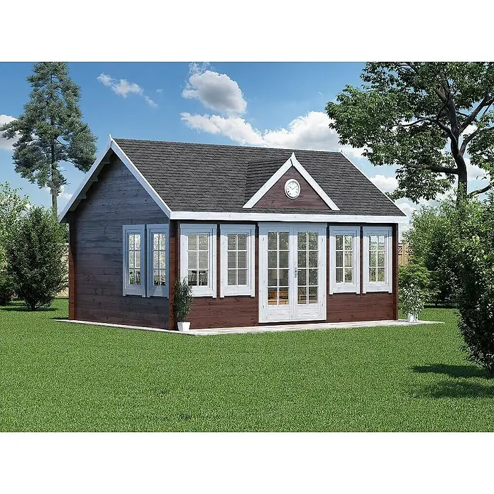 Alpholz Gartenhaus CLOCKHOUSE® XL - Außenmaß inkl. Dachüberstand (B x T): 570 x 410 cm, Holz, Naturbelassen - Dieses Bild zeigt ein Gartenhaus mit Doppeltüren und Sprossenfenstern, das in einem gepflegten Garten steht.