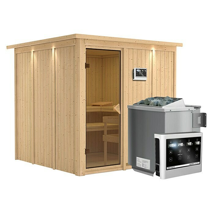 Karibu Elementsauna Rodin (Mit 9 kW Bio-Ofen mit externer Steuerung, Mit Dachkranz und Beleuchtung, L x B x H: 210 x 210 x 192 cm)