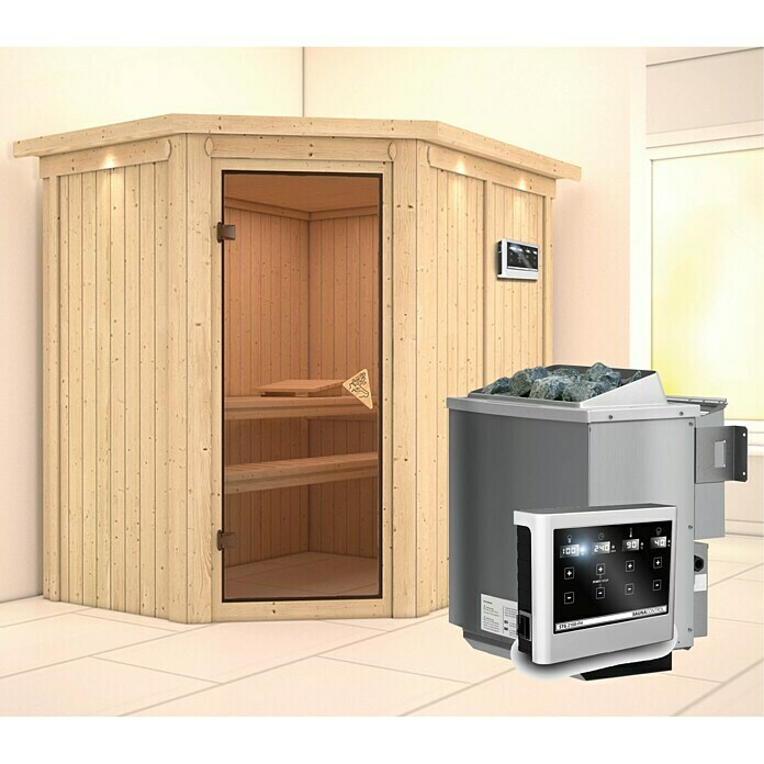 Karibu Systemsauna Carin (Mit Sauna Bio-Ofen 9 kW inkl. Steuerung Easy, Mit Dachkranz und Beleuchtung, 195 x 152 x 198 cm)