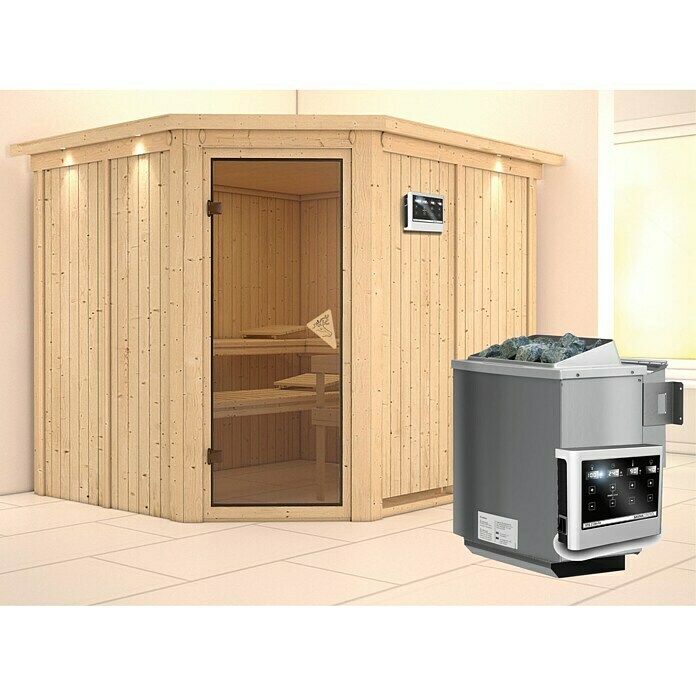 Karibu Systemsauna Malin (Mit Sauna Bio-Ofen 9 kW inkl. Steuerung Easy, Mit Dachkranz und Beleuchtung, 196 x 231 x 198 cm)