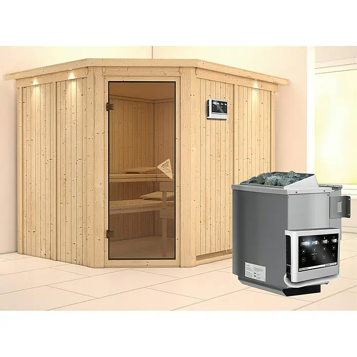 Karibu Elementsauna Malin - Mit 9 kW Bio-Ofen mit externer Steuerung, Mit Dachkranz und Beleuchtung, L x B x H: 245 x 210 x 192 cm - Holzsauna-Ecke mit Glastür und digitaler Steuerung sowie Saunaofen. Ein entspannender Rückzugsort für Ihr Zuhause.