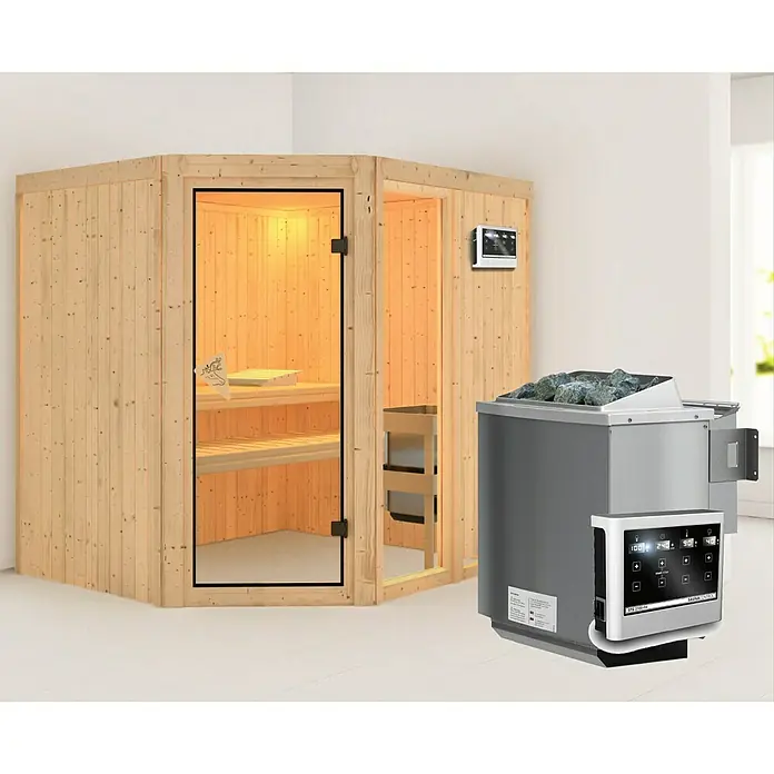 Karibu Elementsauna Fiona - Mit 9 kW Bio-Ofen mit externer Steuerung, Ohne Dachkranz, L x B x H: 196 x 170 x 192 cm - Bild eines Saunaofens mit Steinen und einem Bedienfeld neben einer holzverkleideten Sauna.
