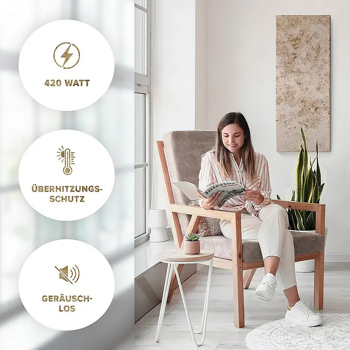 Marwona Infrarotheizkörper Infrarotheizung - B x H: 40 x 100 cm, 420 W, Jura Silver 420 Watt - Produktabbildung mit Fokus auf 420 Watt Leistung, Überhitzungsschutz und geräuschlosem Betrieb für eine entspannte Raumatmosphäre.