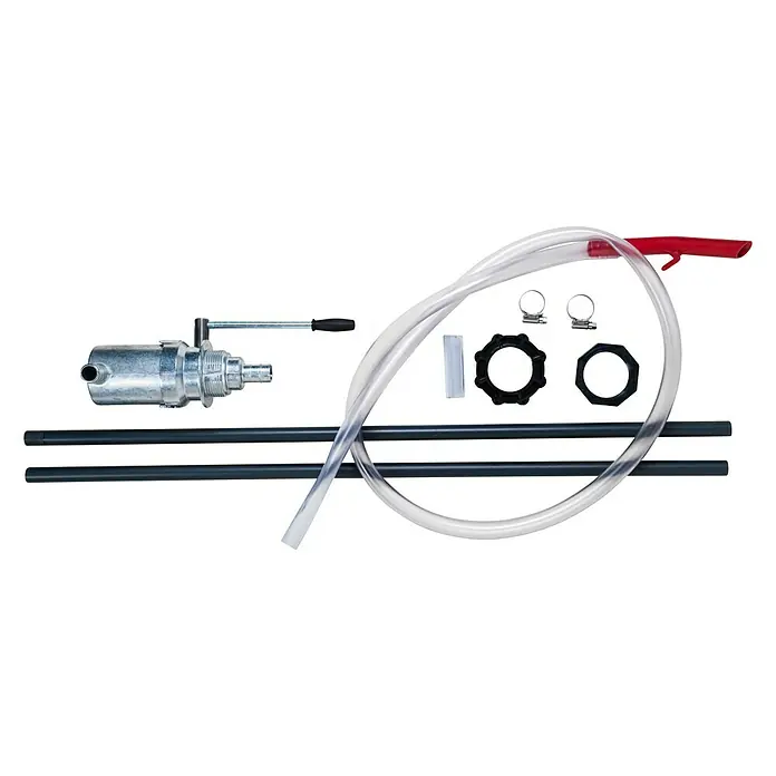Handpumpen-Set - Geeignet für: Entnahme von Heizöl - Eine Fasspumpe mit Kurbel, Schlauch, Anschlussstücken und Rohren. Ideal zum Umfüllen von Flüssigkeiten aus Fässern und Behältern.