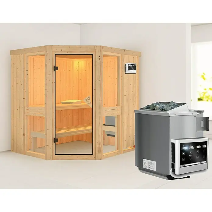 Karibu Elementsauna Amelia 1 - Mit 9 kW Bio-Ofen mit externer Steuerung, Ohne Dackranz, L x B x H: 196 x 170 x 192 cm - Ein Holzsauna-Bausatz mit Glastür und einem Saunaofen mit Steinen. Ideal für Entspannung und Wohlbefinden zu Hause.