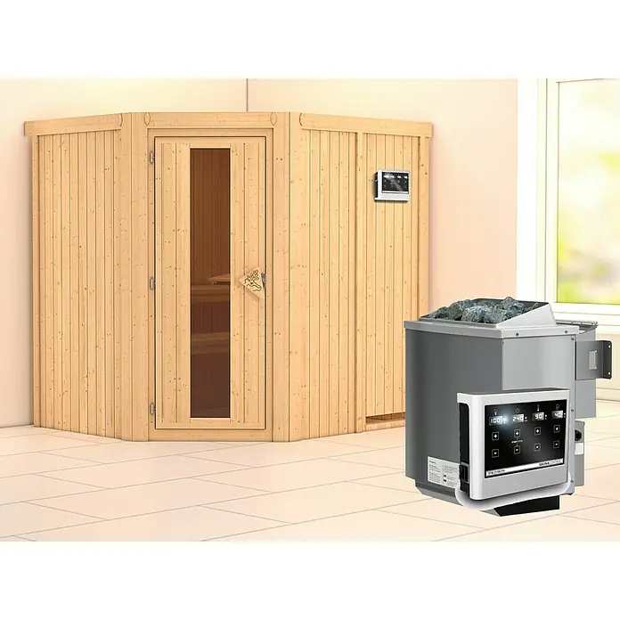 Karibu Elementsauna Siirin - Mit 9 kW Bio-Ofen mit externer Steuerung, Ohne Dachkranz, Materialspezifizierung Tür: Massivholztür, L x B x H: 196 x 170 x 192 cm - Eine hochwertige Sauna mit Holzverkleidung und einem modernen Saunaofen mit Steinen. Ideal für Entspannung und Wohlbefinden.