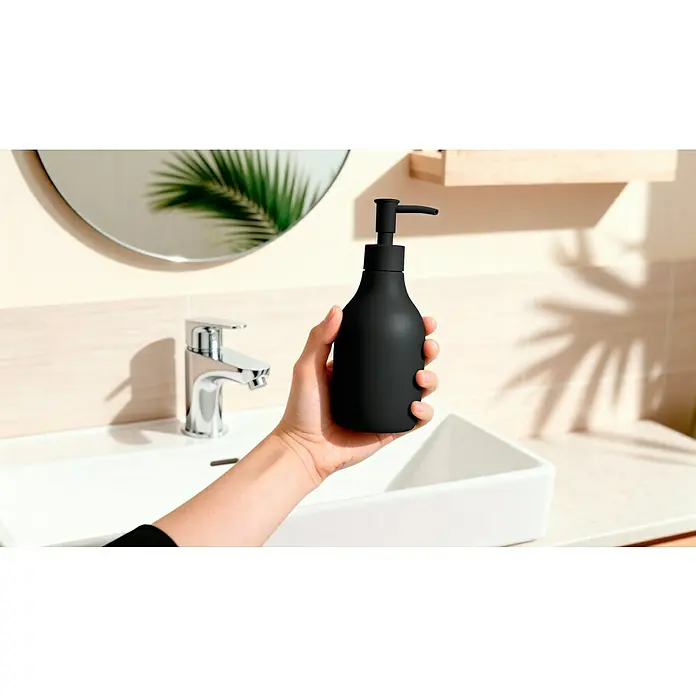 Venus Flakoni Seifenspender - Polyresin, Schwarz - Nahaufnahme einer Hand, die eine stilvolle, mattschwarze Seifenspender-Flasche über einem modernen Waschbecken hält. Minimalistisches Badaccessoire.