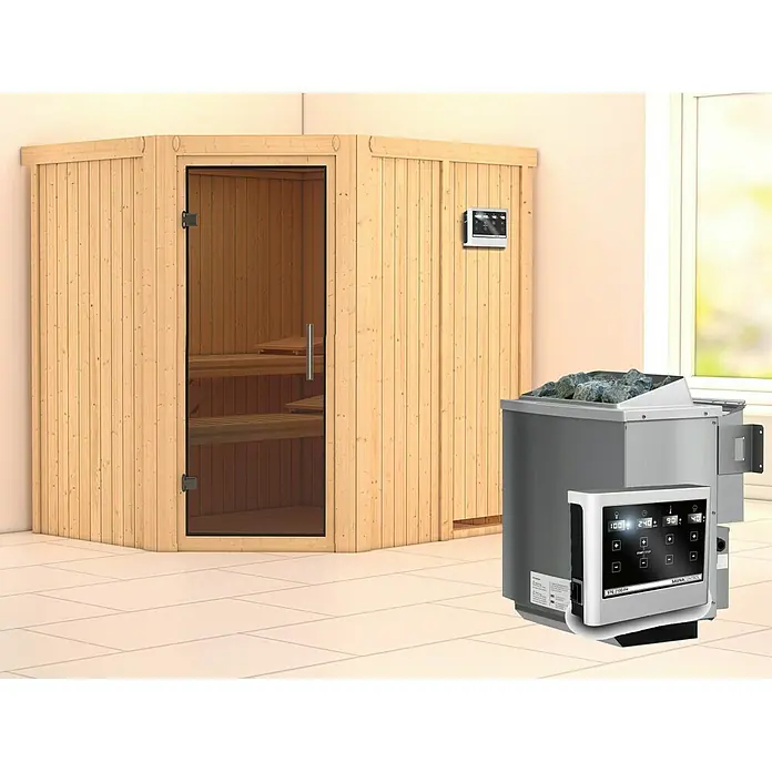 Karibu Elementsauna Siirin - Mit 9 kW Bio-Ofen mit externer Steuerung, Ohne Dachkranz, Materialspezifizierung Tür: Ganzglas Graphit, L x B x H: 196 x 170 x 192 cm - Produktbild einer Sauna mit einem Saunaofen und einer transparenten Tür. Die Sauna ist aus hellem Holz gefertigt.