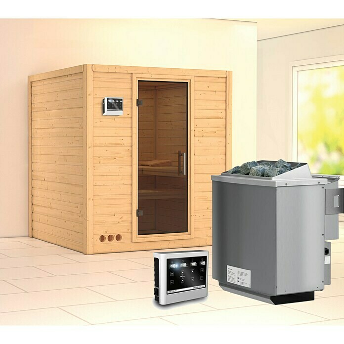 Karibu Massivholzsauna Mojave (Mit Sauna Bio-Ofen 9 kW inkl. Steuerung Easy, Ohne Dachkranz, Ganzglas Graphit, 184 x 193 x 208 cm)