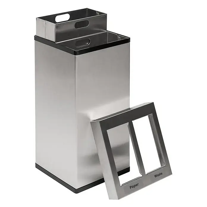 Proregal Mülltrennsystem eckig Edelstahl Haiti Mix mit 2 Inneneimern - 50 l, Edelstahl, Matt Edelstahl - Edler, eckiger Recycling-Mülleimer aus Edelstahl mit zwei Fächern für Papier und Restmüll. Praktisch für Büro und Haushalt.