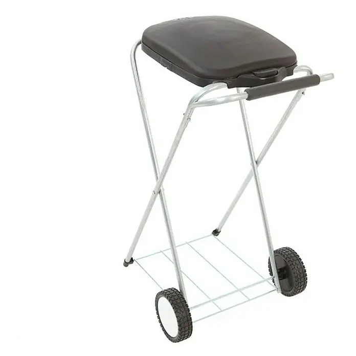Proregal Müllsackständer Klassisch mit Deckel und Rollen -  - Bild eines tragbaren, klappbaren Grillständers mit schwarzem Deckel, ideal für unterwegs. Er ist leicht und einfach zu transportieren.