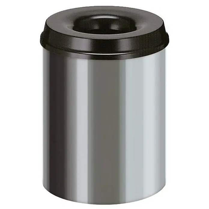 Proregal Papierkorb & Abfallsammler aus Edelstahl selbstlöschend - 15 l, Edelstahl, Silber, Kopfteil Schwarz - Dieser Mülleimer aus Metall mit schwarzem Deckel ist ideal für Büros oder öffentliche Räume. Er ist robust und leicht zu reinigen.
