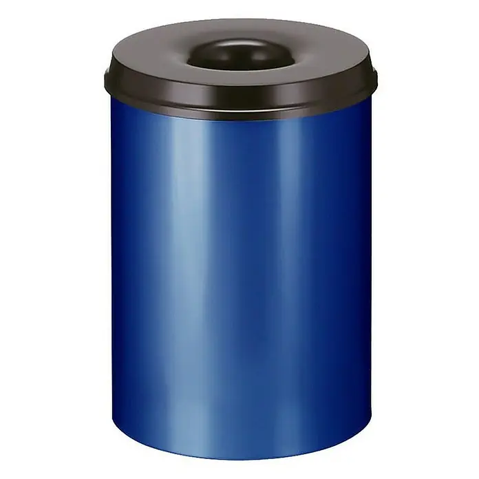 Proregal Papierkorb & Abfallsammler aus Metall selbstlöschend - 30 l, Metall, Blau, Kopfteil Schwarz - Ein blauer, zylindrischer Abfalleimer mit einem schwarzen Deckel mit Loch in der Mitte. Ideal für Büros und öffentliche Räume.