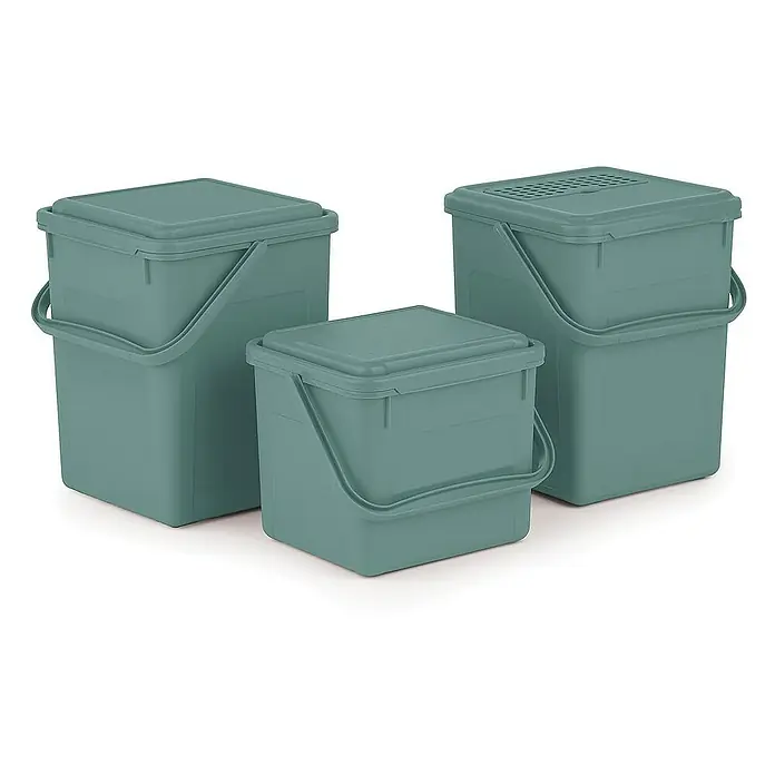 Proregal Standard-Mülleimer Robuster Abfalleimer mit geruchsdichtem Deckel - 9 l, Kunststoff, Grün - Drei grüne Müllbehälter mit Deckel und Griff, die unterschiedlich groß sind und auf einem weißen Untergrund stehen.