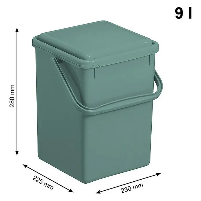 Proregal Standard-Mülleimer Robuster Abfalleimer mit geruchsdichtem Deckel - 9 l, Kunststoff, Grün - Grüner 9-Liter-Abfalleimer mit Deckel und Griff, ideal für Küche oder Bad, mit den Maßen 280 mm Höhe, 225 mm und 230 mm Breite.