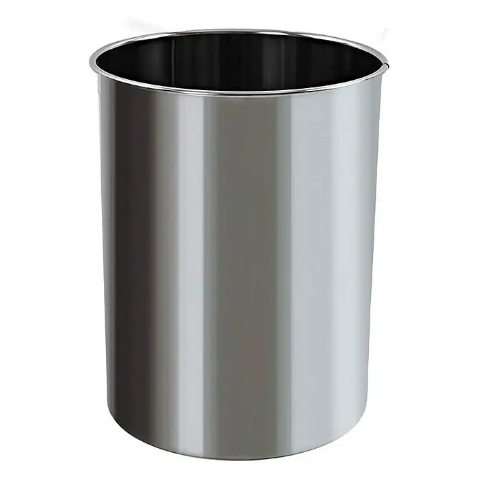 Proregal Papierkorb stillvoll & rund aus Metall - 15 l, Metall, Edelstahl - Nahaufnahme eines polierten, zylindrischen Edelstahlbehälters mit einem dunklen Innenraum, ideal für Bad oder Büro.