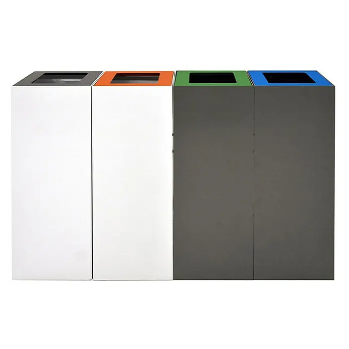 Proregal Mülltrennsystem Robust & modular - 60 l, Stahl, Weiß - Reihe von Abfallbehältern in Weiß und Grau, mit farbcodierten Öffnungen für Recycling, ideal für die Mülltrennung und Abfallentsorgung.