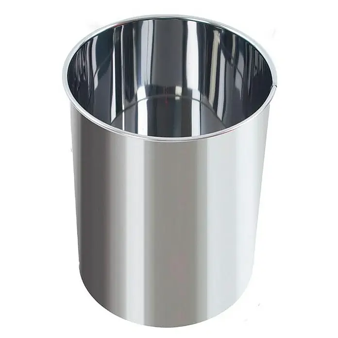 Proregal Papierkorb stillvoll & rund aus Metall - 15 l, Metall, Edelstahl - Ein glänzender, zylindrischer Edelstahleimer mit einem dezenten Rand und einer glatten Oberfläche, ideal für den stilvollen Einsatz.