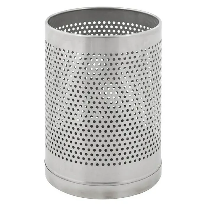 Proregal Papierkorb perforiert & rund aus Edelstahl - 10 l, Edelstahl, Silber - Ein silberner, zylindrischer Abfallbehälter aus Metall mit einem Lochmuster. Ideal für Büro oder Zuhause.