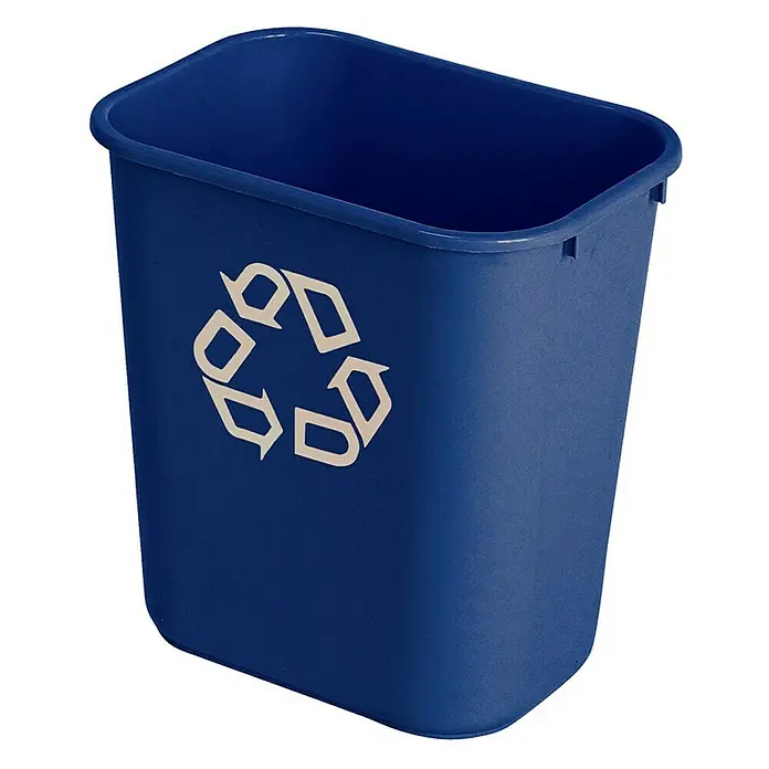 Proregal Standard-Mülleimer Rubbermaid rechteckiger Abfallbehälter aus Polyethylen - 26,6 l, Kunststoff, Blau mit Recyclingsymbol - Blaue Recyclingtonne mit Recycling-Symbol für Papier, Kunststoffe und Metall.