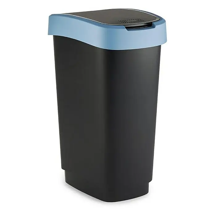 Proregal Standard Mülleimer Klassischer Abfalleimer für Innenbereich - 50 l, Kunststoff, Schwarz-Blau - Bild einer schwarzen Mülltonne mit blauem Deckel, die sich ideal für Küche und Büro eignet und für Sauberkeit sorgt.