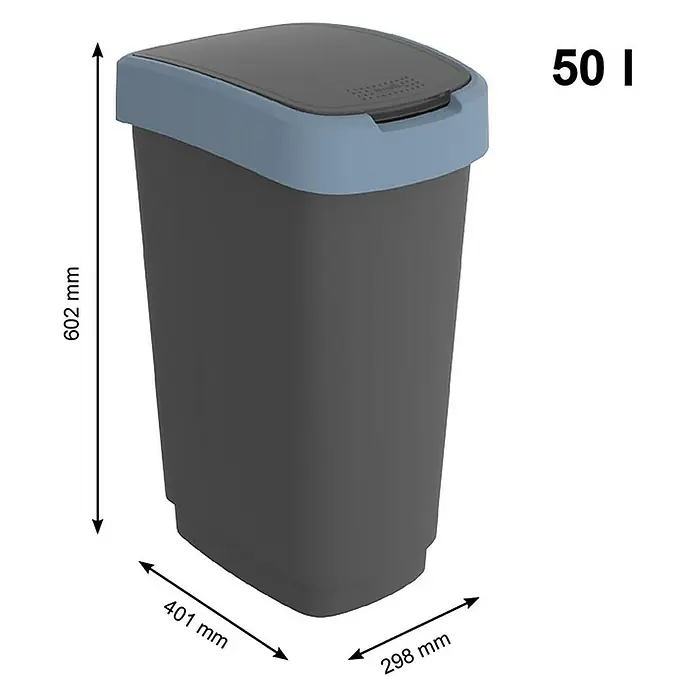 Proregal Standard Mülleimer Klassischer Abfalleimer für Innenbereich - 50 l, Kunststoff, Schwarz-Blau - Produktbild eines grauen 50-Liter-Abfalleimers mit blauem Deckel und Größenangaben in Millimetern.