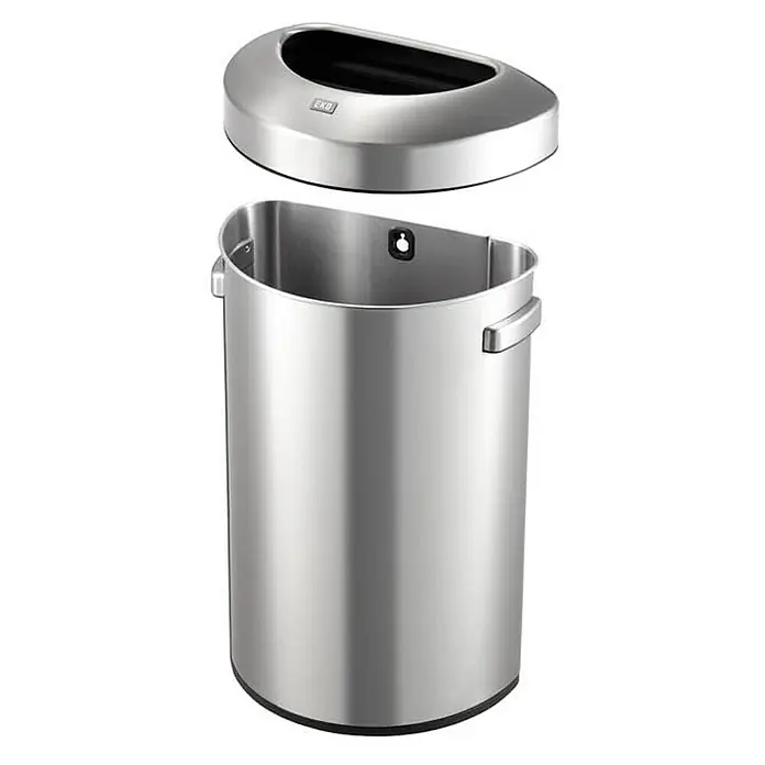 Proregal Standard-Mülleimer Stilvoller halbrunder offener Abfallsammler aus gebürstetem Edelstahl - 80 l, Edelstahl, Silber - Bild eines zweiteiligen, silberfarbenen Abfallbehälters von EKO mit abnehmbarem Deckel.