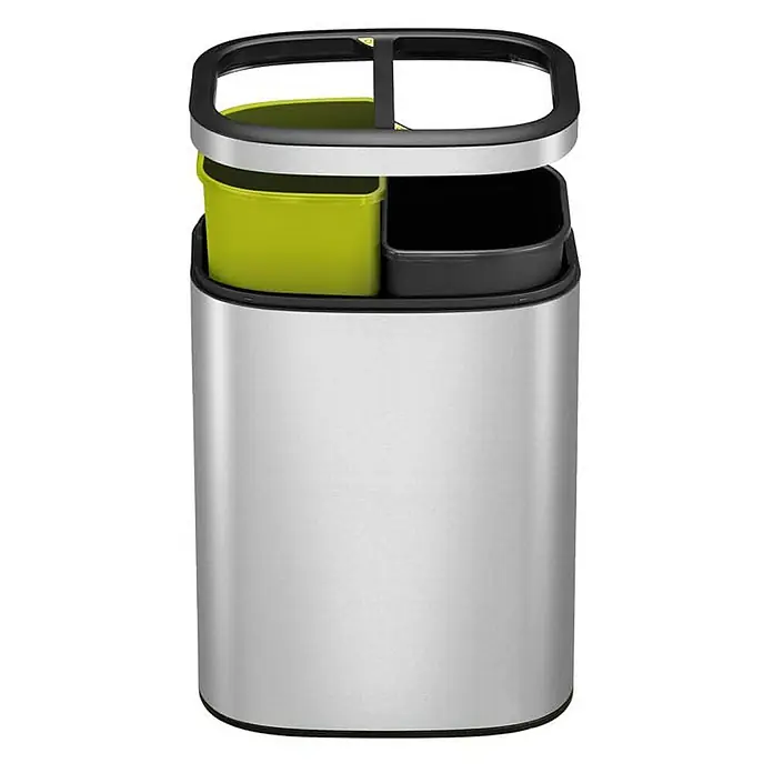 Proregal Standard-Mülleimer - 20 l, Edelstahl, Silber - Abfallbehälter mit zwei Fächern, einer in Limettengrün und einer in Schwarz, eingebaut in einen zylindrischen Edelstahlbehälter.