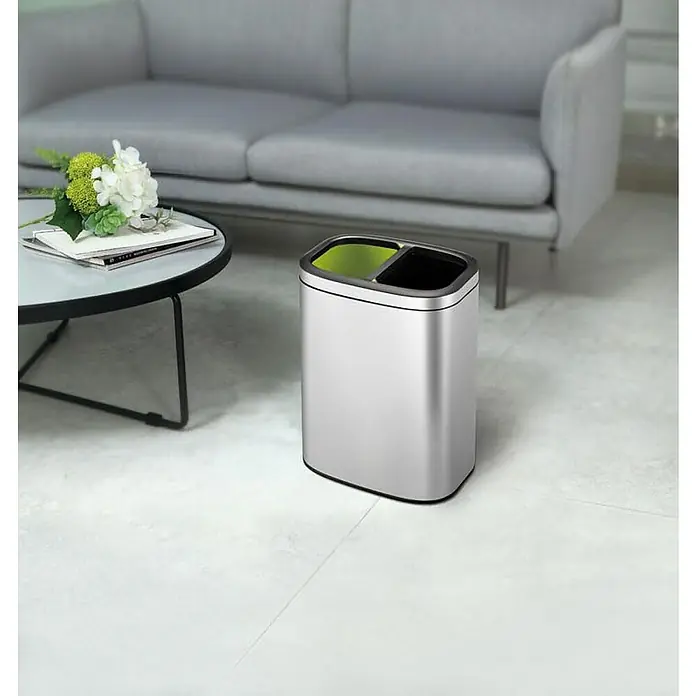 Proregal Standard-Mülleimer - 20 l, Edelstahl, Silber - Ein eleganter, silberfarbener Dual-Mülleimer mit zwei Fächern, perfekt für die Abfalltrennung im modernen Haushalt. Praktisch und stilvoll.