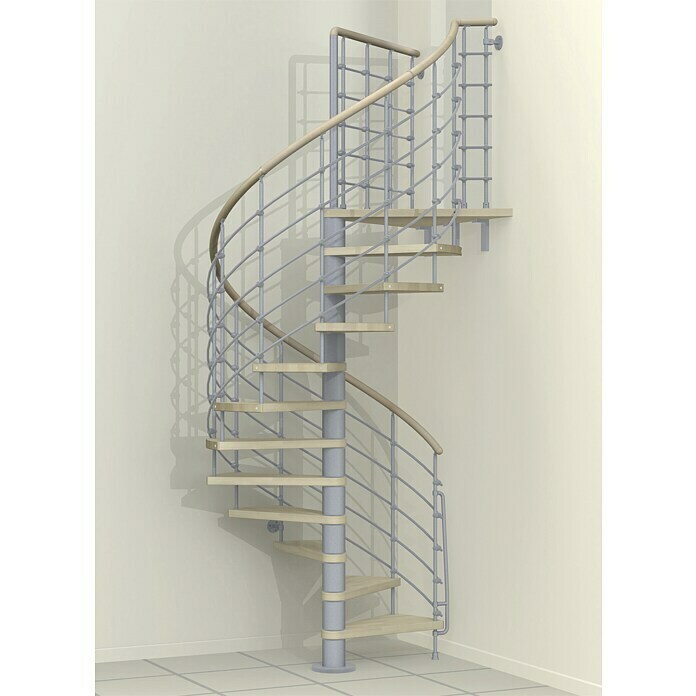 Fontanot Spindeltreppe KloeXtraDurchmesser: 160 cm, Grau Metallic, Farbe Stufen: Buche Hell, Geschosshöhe: 253 cm - 283 cm Front View