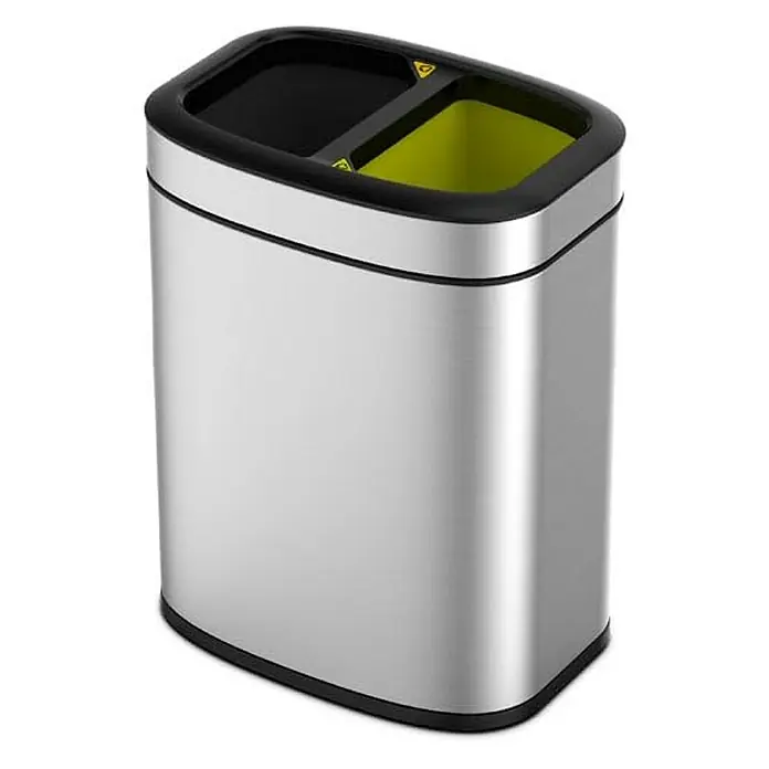 Proregal Standard-Mülleimer - 20 l, Edelstahl, Silber - Ein moderner, rechteckiger Recycling-Abfalleimer aus Edelstahl mit zwei Fächern für Mülltrennung, ideal für Küche oder Büro.