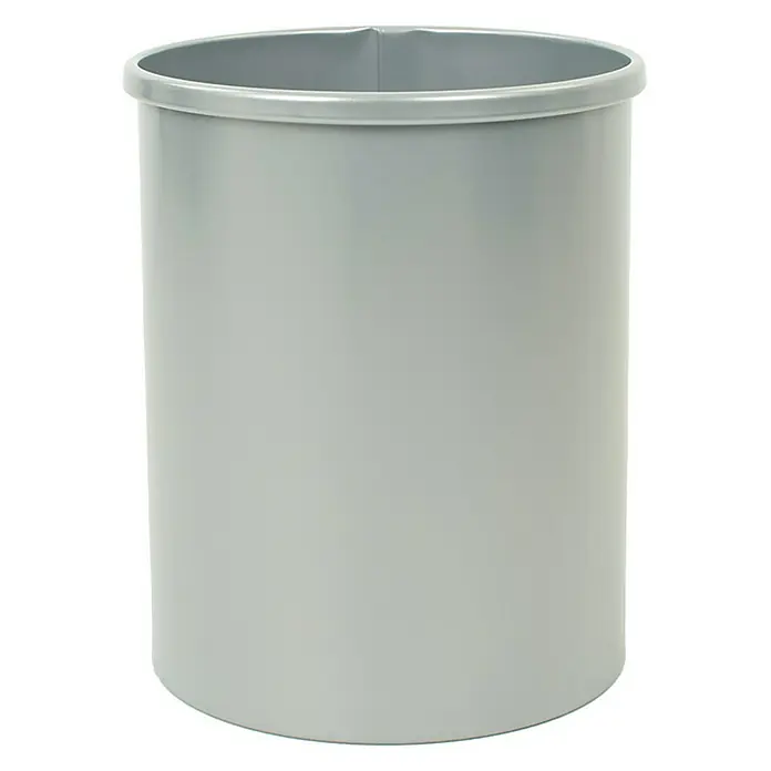 Proregal Papierkorb stillvoll & rund aus Metall - 15 l, Metall, Silber - Das Bild zeigt einen grauen, zylindrischen Mülleimer aus Metall mit einem abgerundeten Rand. Er ist leer und steht auf einem weißen Hintergrund.