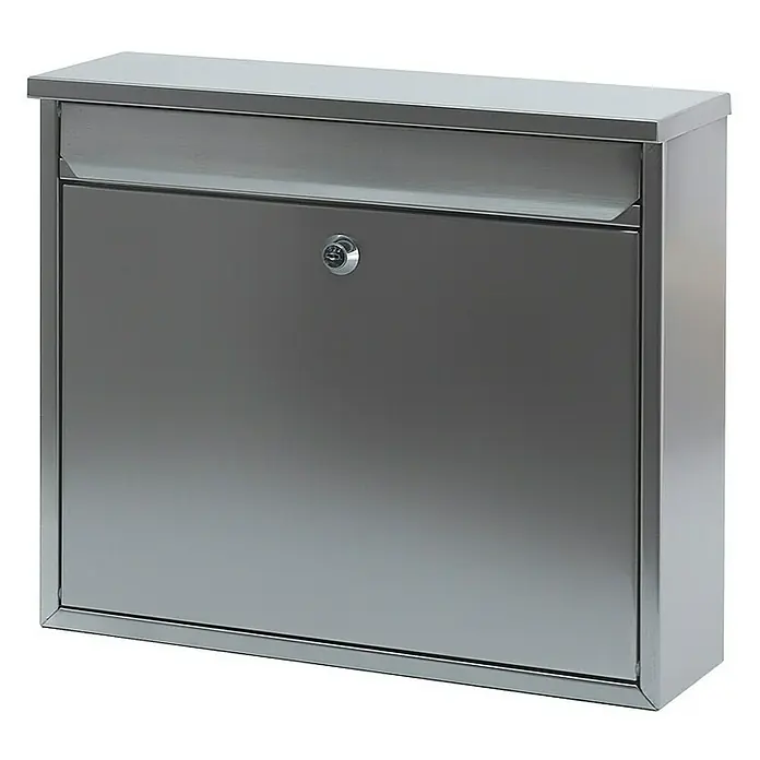 Proregal Wandbriefkasten Granadan aus Edelstahl mit Einwurfsklappe - Silber, Stahl - Ein moderner, silberfarbener Briefkasten mit Schloss, ideal für den Außenbereich und sichere Postaufbewahrung.