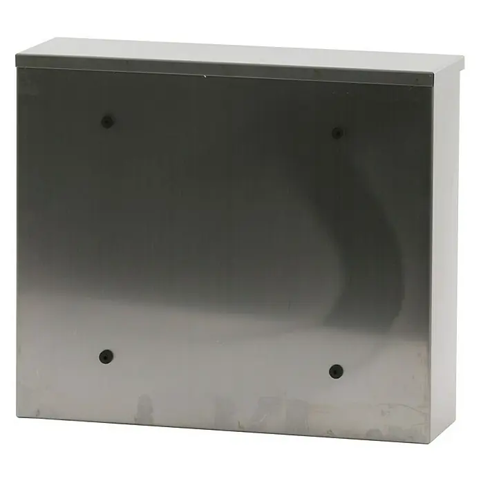 Proregal Wandbriefkasten Granadan aus Edelstahl mit Einwurfsklappe - Silber, Stahl - Aufnahme des Wandbriefkastens aus Edelstahl mit vier Schrauben zur Befestigung an der Wand. Die Oberfläche des Briefkastens ist leicht reflektierend.