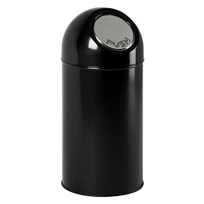 Proregal Schwingdeckeleimer Klassischer Abfallbehälter mit Pushdeckel - 40 l, Metall, Schwarz - Schwarzer Mülleimer mit silbernem "PUSH"-Knopf, ideal für Büro oder Zuhause. Der Abfalleimer ist elegant und funktionell.