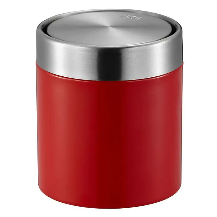 Proregal Schwingdeckeleimer Schön geformter Tischabfallbehälter mit Flachschwingdeckel - 1,5 l, Edelstahl, Edelstahl / Rot - Roter Vorratsbehälter mit einem silbernen Deckel. Der Behälter ist zylindrisch und hat eine glatte Oberfläche. Perfekt für die Aufbewahrung in der Küche.