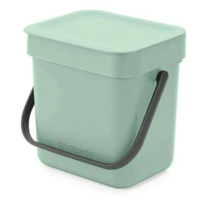 Proregal Standard Mülleimer Brabantia Abfallsammler mit Stay-open Deckel - 3 l, Kunststoff, Jade - Mintfarbener Brabantia-Komposteimer mit Deckel und grauem Griff, ideal für die Küche zur Sammlung von organischen Abfällen.