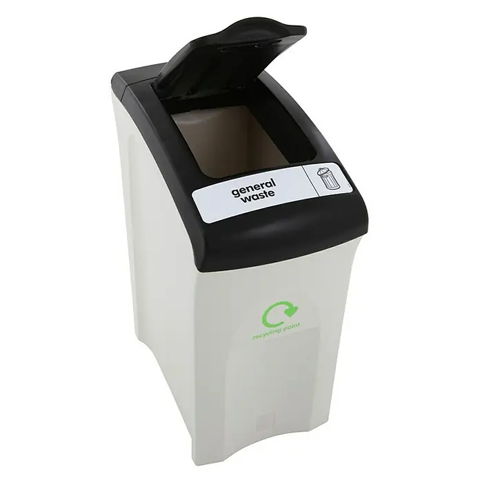 Proregal Standard-Mülleimer Wertstoffsammler Envirobin - 55 l, Kunststoff, Grau - Abfallbehälter für allgemeinen Abfall mit schwarzem Deckel und Recycling-Symbol, ideal für die Abfalltrennung und -entsorgung im Büro oder zu Hause.