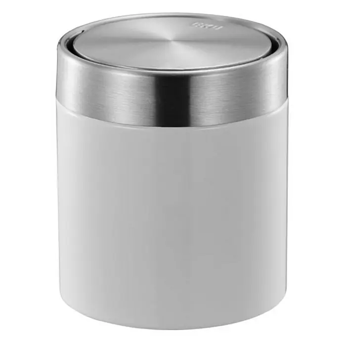 Proregal Schwingdeckeleimer Schön geformter Tischabfallbehälter mit Flachschwingdeckel - 1,5 l, Edelstahl, Edelstahl / Weiß - Weißer Kosmetikmülleimer aus Kunststoff und Edelstahl für Bad und WC, der Sauberkeit und Hygiene vereint.
