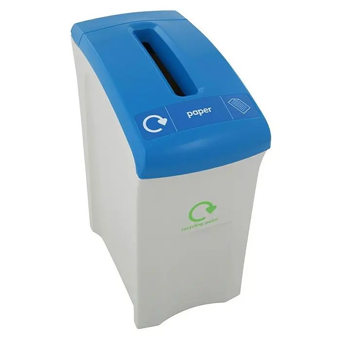 Proregal Standard-Mülleimer Wertstoffsammler Envirobin - 55 l, Kunststoff, Grau - Recycling-Papierkorb: Blauer Deckel mit Papiereinwurf und Recycling-Symbol für umweltbewusste Abfallentsorgung.