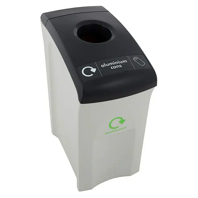 Proregal Standard-Mülleimer Wertstoffsammler Envirobin - 55 l, Kunststoff, Grau - Aufnahme eines Recyclingbehälters für Aluminiumdosen mit schwarzem Deckel und weißem Körper.