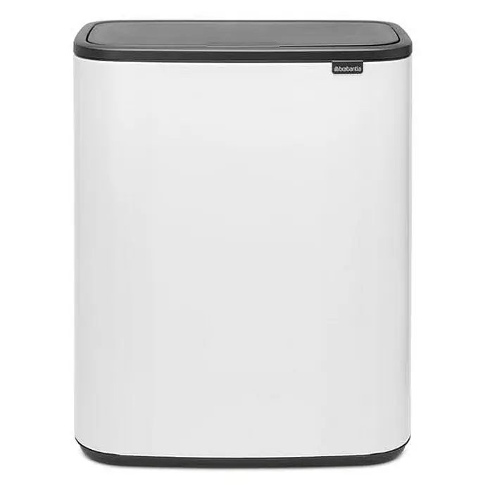Proregal Sensormülleimer Brabantia Hochwertiger Abfallsammler mit Touch-Öffnung - 60 l, Metall, Weiß - Ein weißer, rechteckiger Brabantia-Treteimer mit schwarzem Deckel und Boden. Ideal für Bad oder Küche.