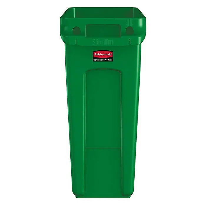 Proregal Standard Mülleimer Rubbermaid Slim Jim Mülleimer mit Belüftungskanälen - 60 l, Kunststoff, Grün - Grüner Slim Jim-Behälter von Rubbermaid Commercial Products, schlankes Design, ideal für enge Räume, robust und langlebig für den gewerblichen Gebrauch.