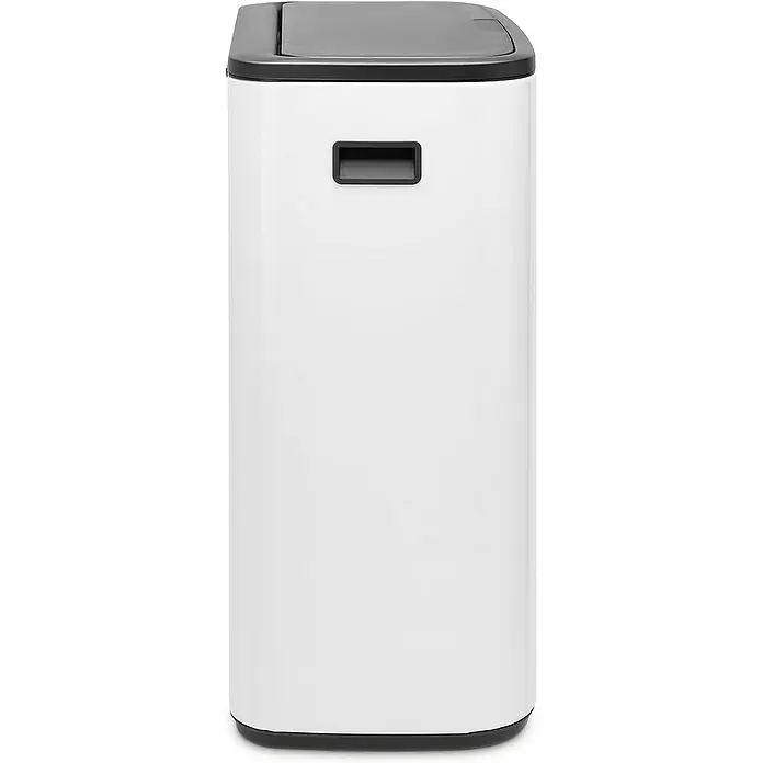 Proregal Sensormülleimer Brabantia Hochwertiger Abfallsammler mit Touch-Öffnung - 60 l, Metall, Weiß - Bild eines weißen Brabantia Bo Touch Bin Mülleimers mit schwarzem Deckel und Griff. Der Mülleimer hat eine rechteckige Form und ein elegantes Design.