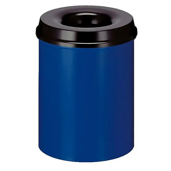Proregal Papierkorb & Abfallsammler aus Metall selbstlöschend - 15 l, Metall, Blau, Kopfteil Schwarz - Blauer Abfallbehälter mit schwarzem Deckel und großem Loch in der Mitte zur einfachen Abfallentsorgung. Ideal für Büros oder öffentliche Räume.