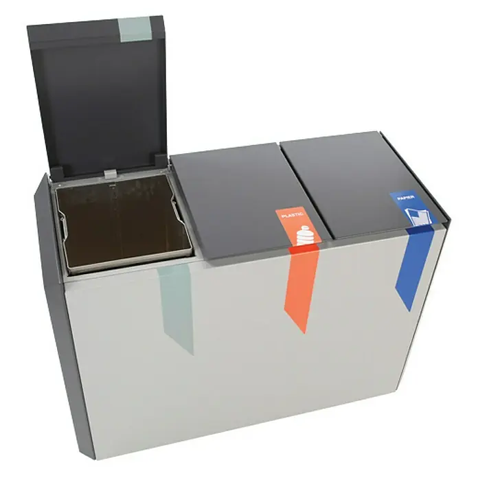 Proregal Mülltrennsystem Feuerfest RecycloStar 3 - 165 l, Aluminium, Anthrazit / Grau - Das Bild zeigt einen Mülltrennungseimer mit drei Fächern, gekennzeichnet für Restmüll, Plastik und Papier.