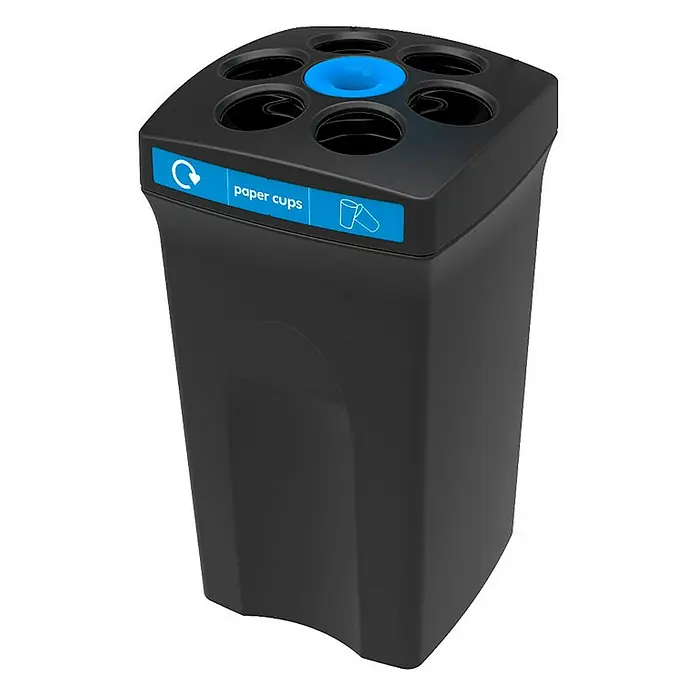 Proregal Standard-Mülleimer Robuster Bechersammler EnvirocupXL "Papierbecher" - 100 l, Kunststoff, Schwarz mit blauem Akzentstreifen - Schwarzer Papierbecher-Recyclingbehälter mit mehreren Öffnungen und blauer Akzentfarbe für eine einfache Entsorgung und Recycling.