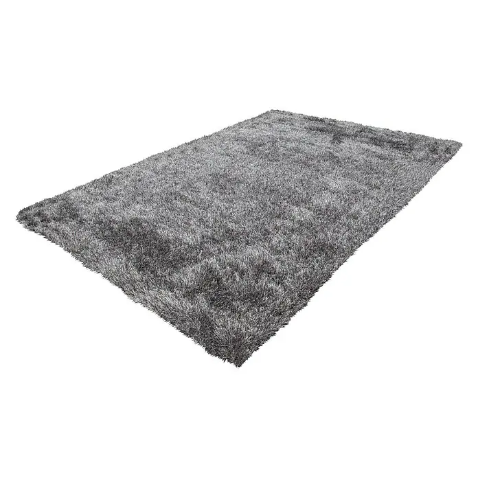 Kayoom Hochflorteppich DiamondGrau/Weiß, 170 x 120 cm, 100 % Polyester - Ein grauer, rechteckiger Shaggy-Teppich mit langem Flor liegt auf einem weißen Untergrund. Der Teppich wirkt weich und einladend.